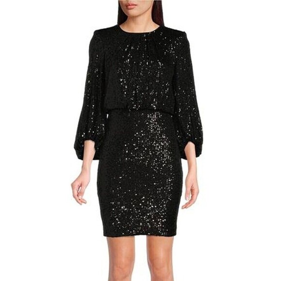 Vince Camuto dress sequined Black 3/4 Balloon Sleeve Crew Neck Sequin size 0 - Picture 11 of 15